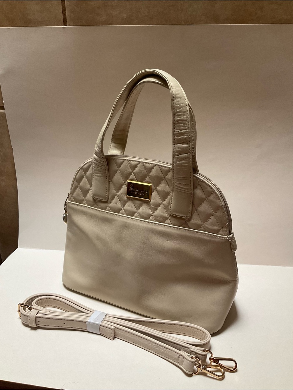 Classic Fred Hayman Beverly Hills Leather Cream Dome Satchel Vintage Crossbody
